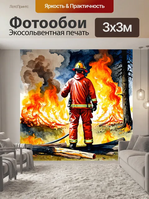 Фотообои пожарный в ярко-красной униформе стоит на фоне бушующего огня в лесу