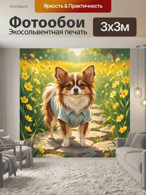 Фотообои Пушистый щенок в цветущем саду