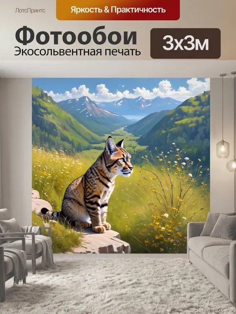Фотообои на краю обрыва, окруженного дикими цветами, рысь сидит, наслаждаясь великолепным видом на горную долину