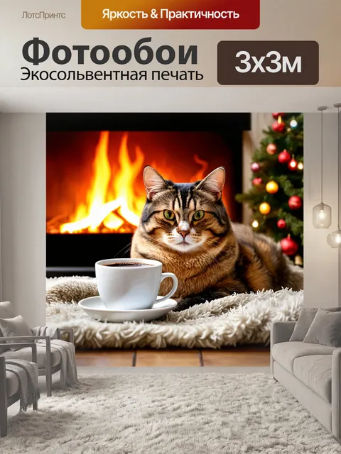 Фотообои кот, уютно устроившийся на пледе у камина, с чашкой горячего шоколада