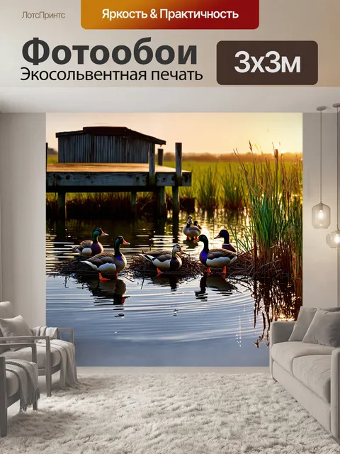 Фотообои в центре семейного пруда утки собираются вокруг старого деревянного пирса