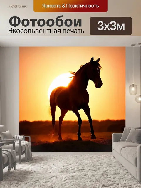 Фотообои лошадь, образующая силуэт на фоне заходящего солнца