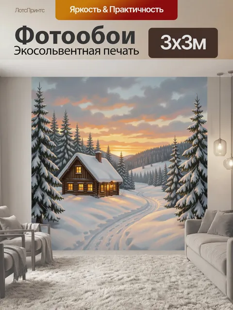 Фотообои Зимний лесной домик на закате