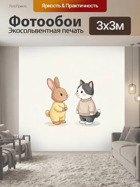 Фотообои Заяц и котенок в уютной одежде