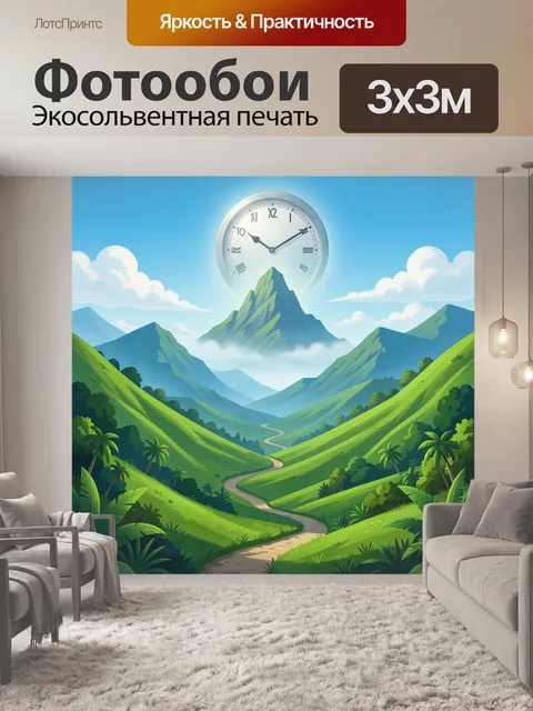 Фотообои Горная долина с часами в небе