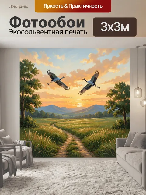 Фотообои Журавли над закатной долиной