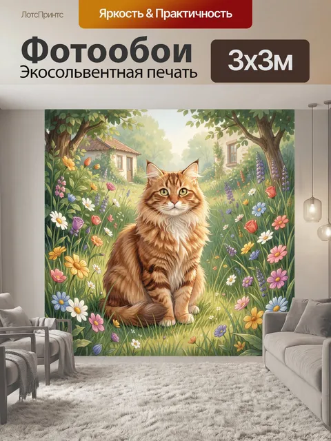 Фотообои Рыжий кот в цветущем саду
