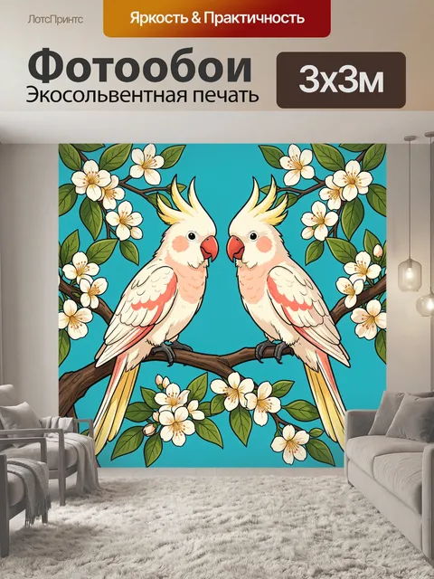 Фотообои Два какаду среди цветущих ветвей