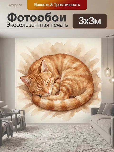 Фотообои Рыжий кот спит клубком