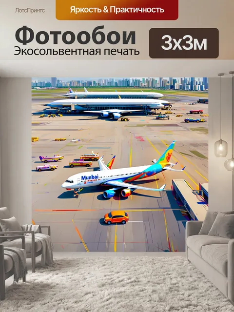 Фотообои панорамный вид на аэропорт в мумбаи из воздуха, где яркие самолеты и автомобили выглядят как игрушки