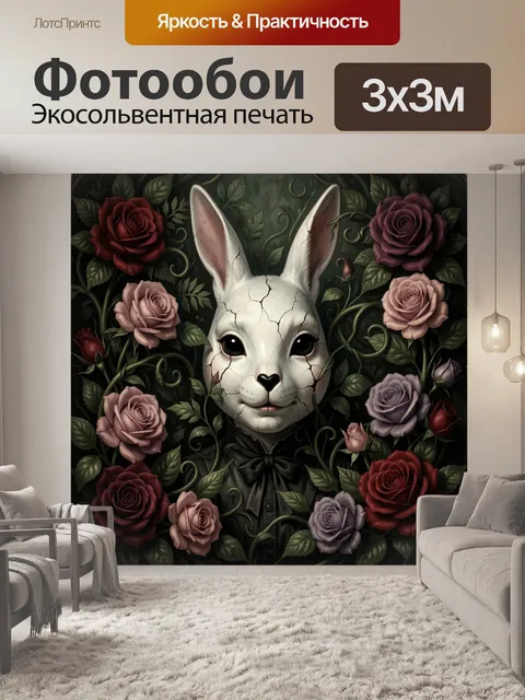 Фотообои Белый кролик среди роз