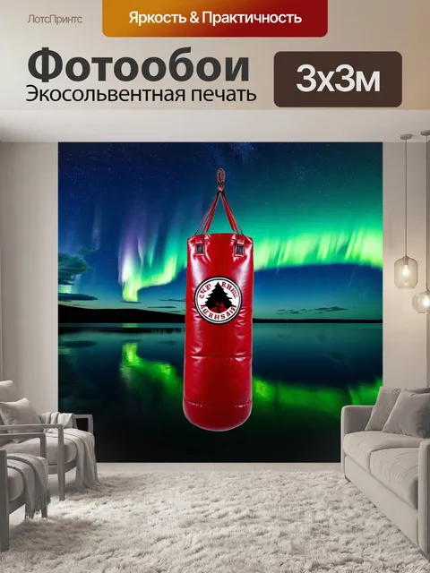 Фотообои изображение боксерской груши на фоне отражающих водоемов под ночным небом с северным сиянием