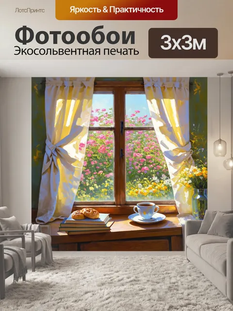 Фотообои уютное окно в старом доме, с занавесками из льна, снаружи видно цветущий сад