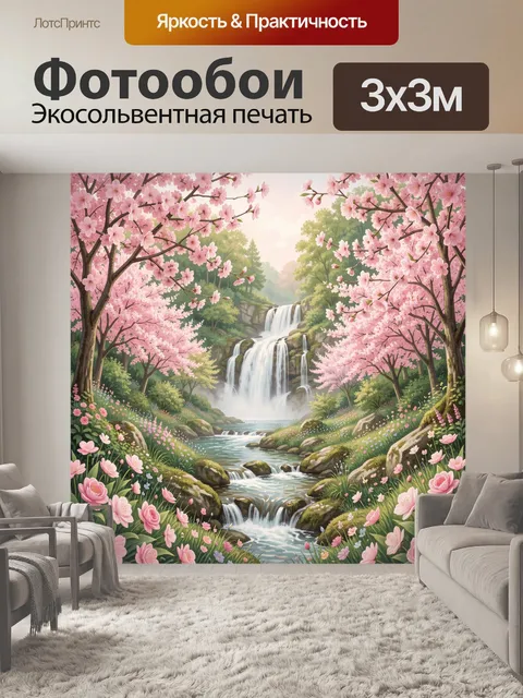 Фотообои Розовые цветущие деревья и водопад