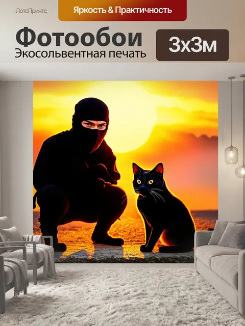 Фотообои ниндзя с питомцем – черным котом, на фоне заката
