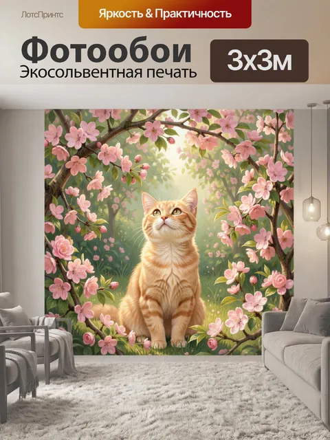 Фотообои Рыжий кот среди цветущих ветвей