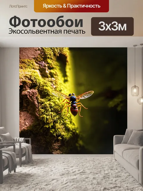 Фотообои оса, залитая мягким солнечным светом, закрывает свои крылья на фоне старого, покрытого мхом камня