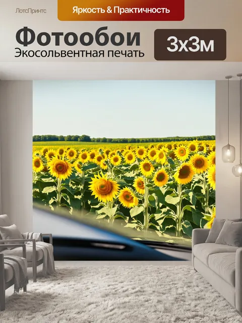 Фотообои тачка, проезжающая мимо полей с цветущими подсолнухами, яркое солнечное утро, насыщенные цвета и радостное…