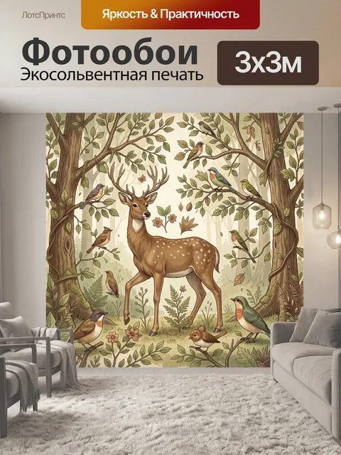 Фотообои Олень и птицы в лесу