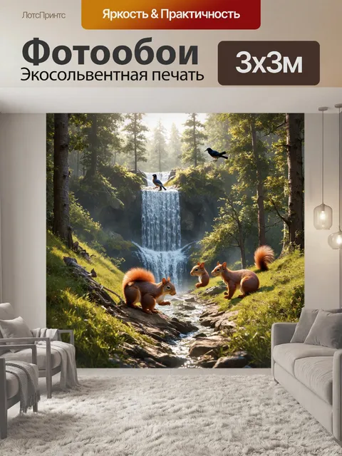 Фотообои охота, утренние шумы леса, где охотничьи следы ведут к красивому водопаду, вокруг которого играют белки и…
