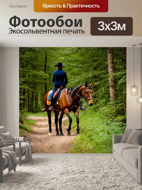 Фотообои лошадь и всадник в лесной тропе
