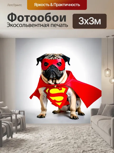Фотообои мопс, одетый в костюм супергероя, с ярким плащом и маской, в динамичной позе