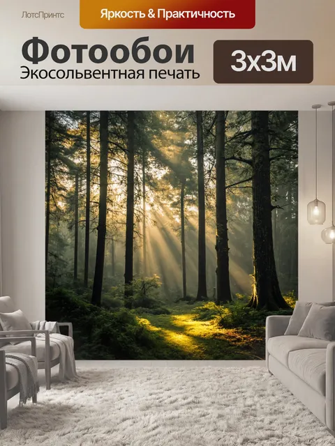 Фотообои густой лесной пейзаж с туманом, утренние лучи солнца пробиваются сквозь деревья