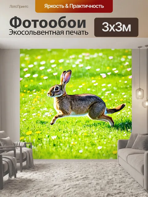 Фотообои заяц, скачущий через поляну с зелеными травами и весенними цветами, его шерсть блистает на солнце