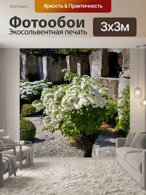 Фотообои на старинном каменном заброшенном саду растёт белый фальшивый жасмин