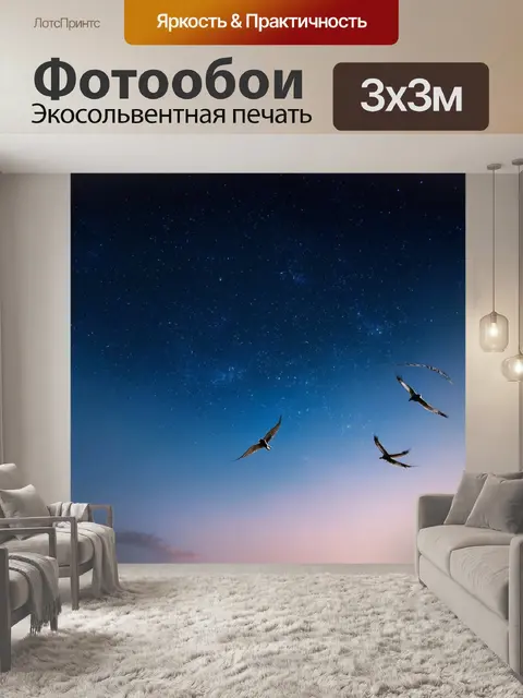 Фотообои ночь в художественном стиле с парящими птицами на фоне звездного неба