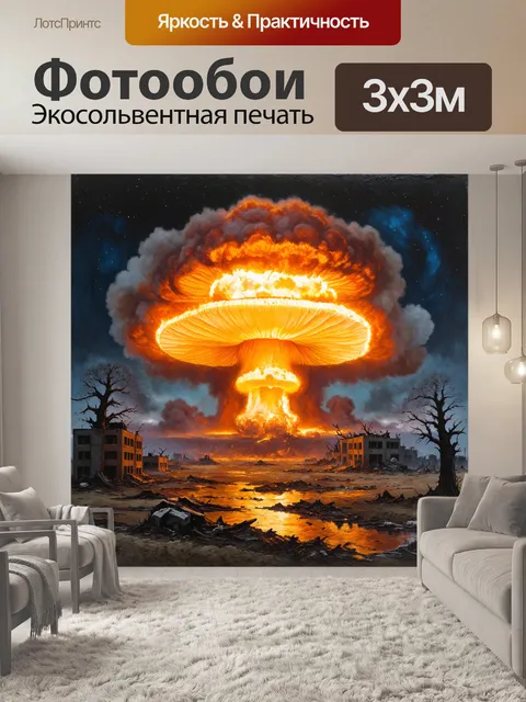 Фотообои ядерный взрыв освещает ночное небо, создавая гигантский грибовидный облак из огня и дыма