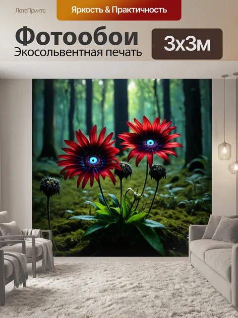 Фотообои цветы в стиле тёмное фэнтези, с чудовищными формами и всплывающими глазками, в атмосфере таинственного леса
