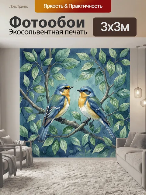 Фотообои Две синицы на ветвях в саду