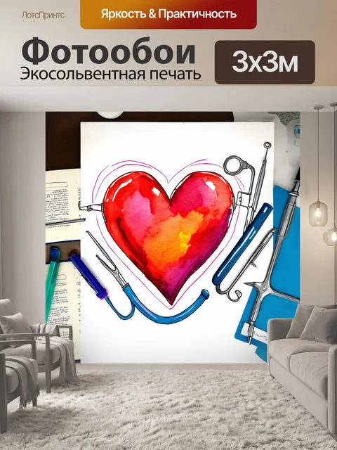 Фотообои изображение в стиле акварели, показывающее контур сердца, окруженного медицинскими инструментами и учебниками