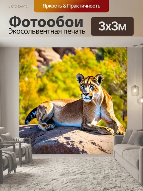 Фотообои пума, наслаждающаяся солнечным днём на камнях, её тело отражает тепло солнца, а вокруг пейзаж полон жизни и…