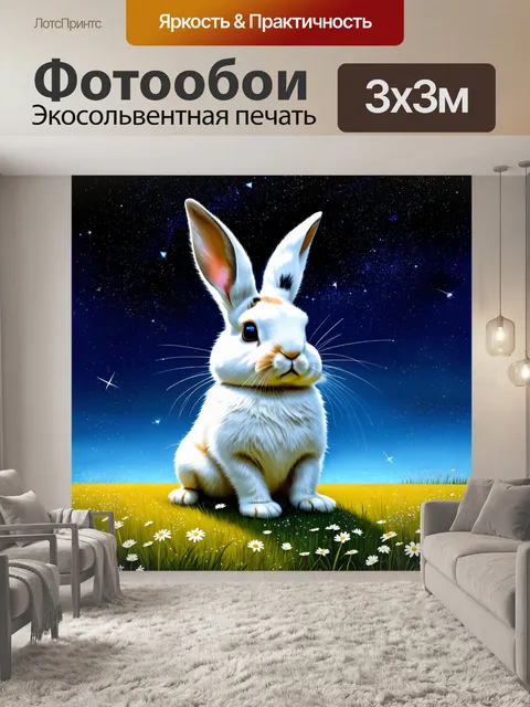 Фотообои кролик, сидящий на краю бескрайней поляны, украшенной сверкающими звездными цветами, под вечерним небом…