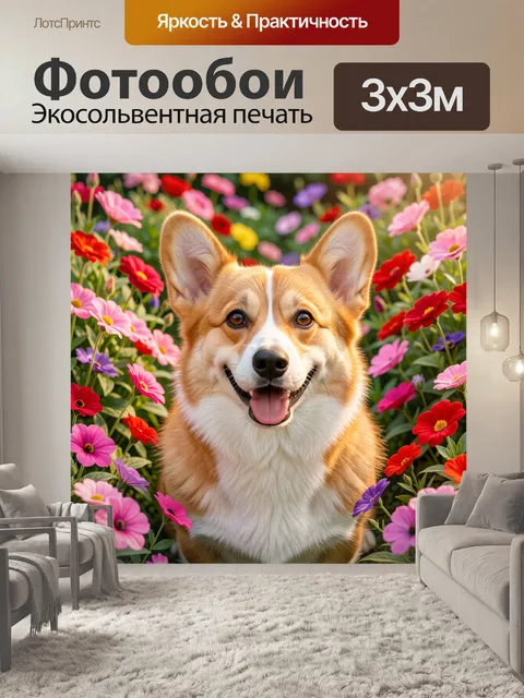Фотообои Улыбающийся корги среди цветов