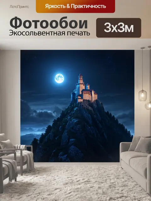 Фотообои ночь в стиле научная фантастика: величественная крепость на вершине горы с ярким светом со стороны луны