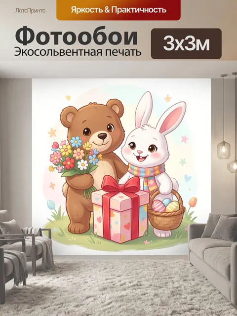 Фотообои Медвежонок и зайчик с подарками