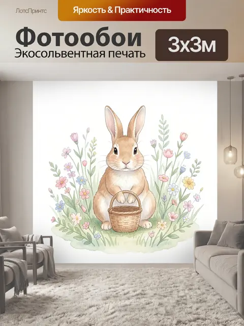Фотообои Кролик с корзинкой среди цветов