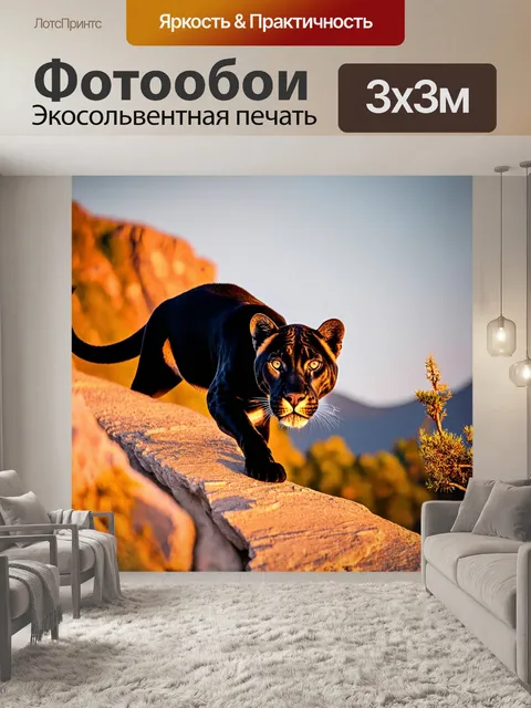 Фотообои пантера, крадущаяся по скалистому выступу горы на закате, её глаза сверкают, как драгоценные камни