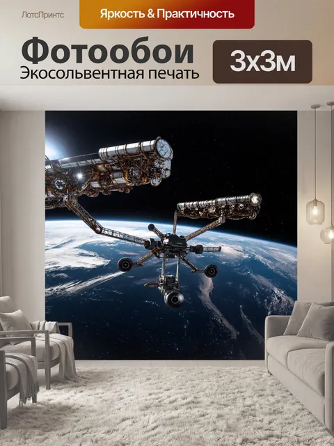 Фотообои космос в стиле дизельпанк с видимыми механическими структурами, создающими странные орбиты в космосе