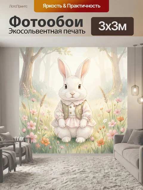 Фотообои Белый кролик в цветочной поляне