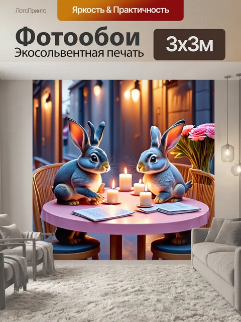 Фотообои за столиками маленького кафе на улице два забавных кролика обсуждают последние новости