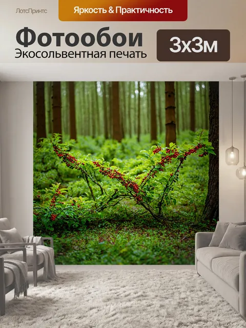 Фотообои лес с дикими ягодами, растущими повсюду и привлекающими животных