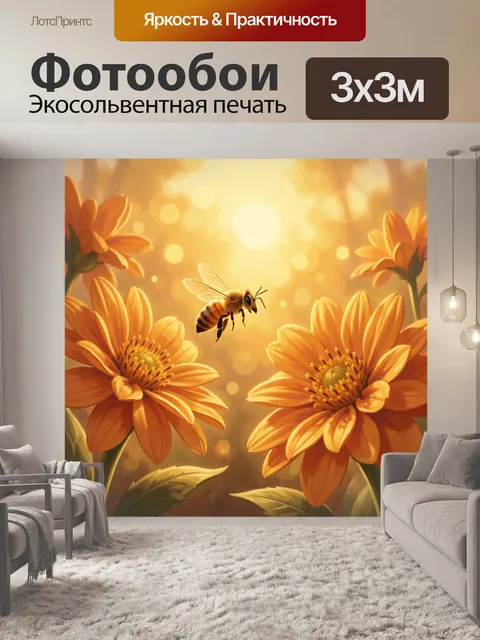 Фотообои Пчела в облаке золотых цветов