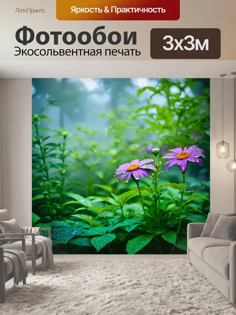 Фотообои туман в стиле капельное искусство, уединенный уголок в саду, капли на цветах и тумане