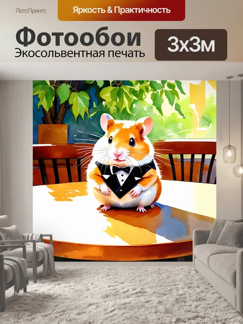 Фотообои хомяк в смокинге, сидящий за столом в ивовом кафе, пронизанном солнечным светом