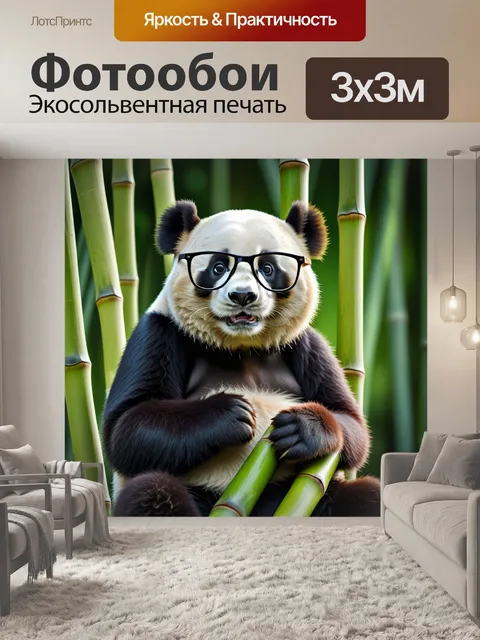 Фотообои панда в очках сидит на бамбуке