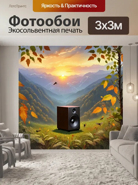 Фотообои закат в горах, где звуки сабвуфера раздаются в глубину долины, создавая акустические волны, которые…